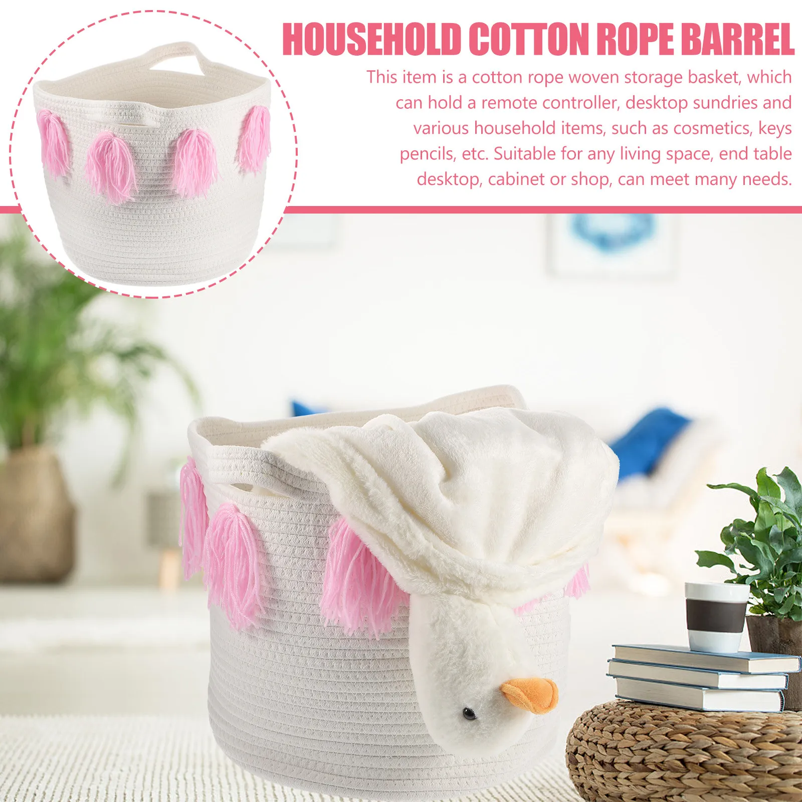 

Плетеная корзина из хлопкового каната в скандинавском стиле с кисточками для хранения мелочей, одеял и организации рабочего стола дома