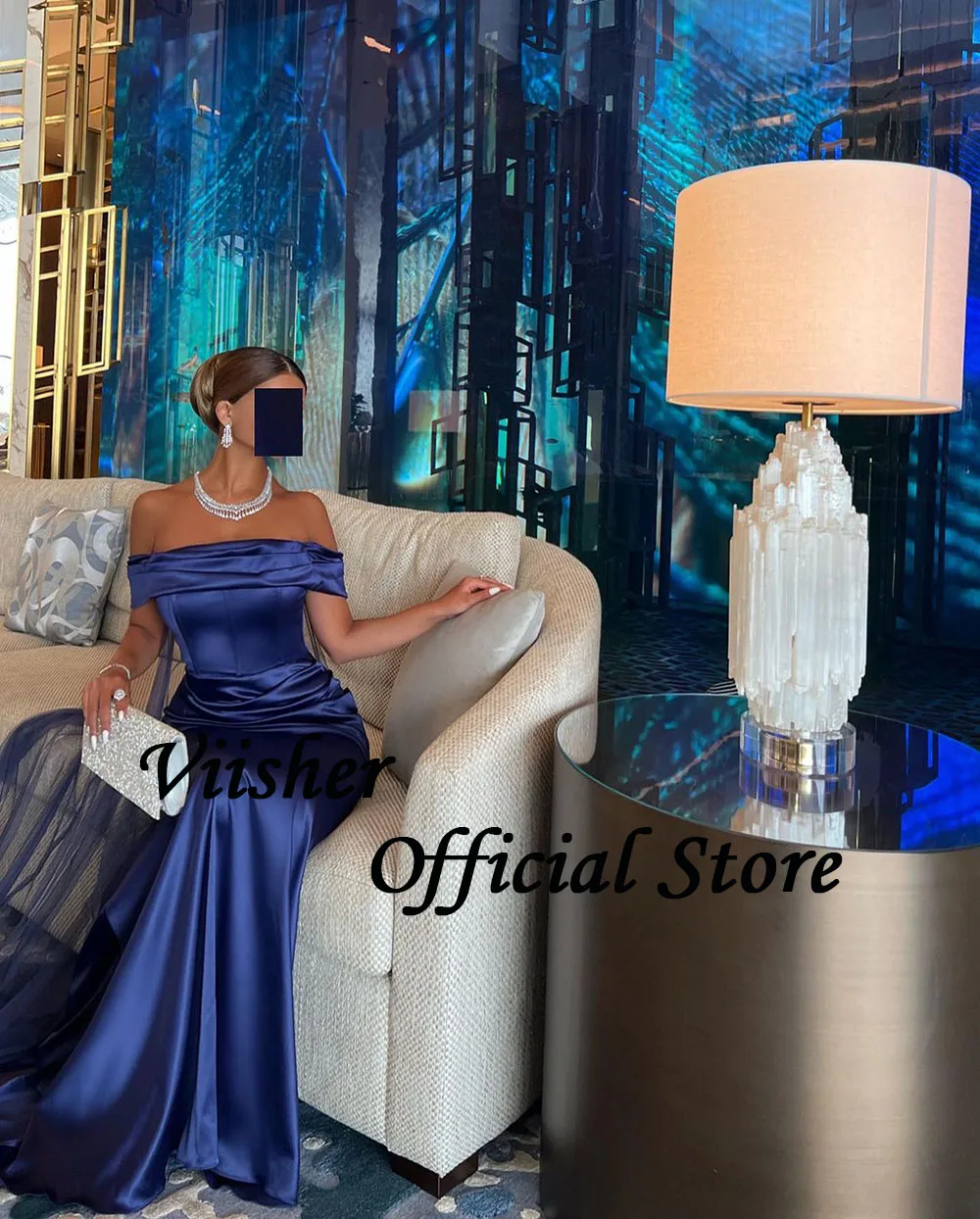 Visher Marineblau Satin Meerjungfrau Abendkleider schulter frei enge lange Frauen formelle Ballkleid mit Zug Abend Party kleid