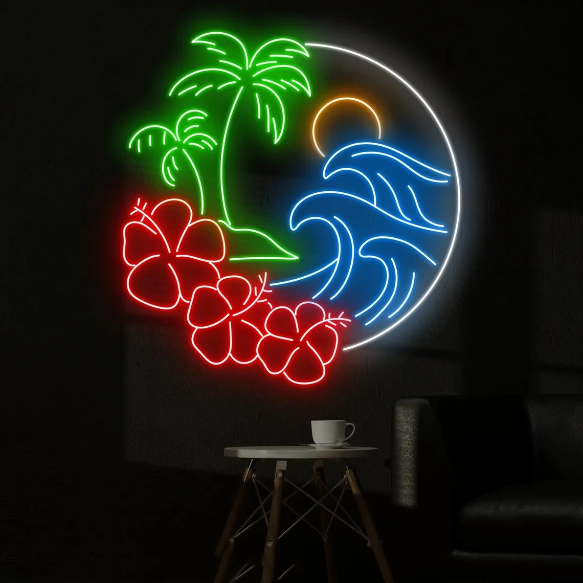 Palm Tree And Beach Neon Sign Sun Wave Neon Sign Bar Wall Decor Sunrise Sunset Home Bedroom Wall Decor Neon Sign