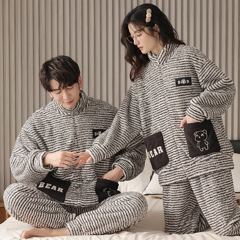 High Qulaity Couple Pajamas Set Flannel Sleepwear Women Men Warm Fleece Pijama Winter Lovers Kimono Home Clothing