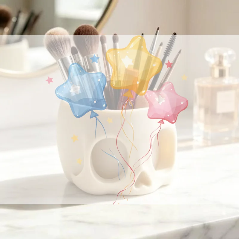 Retro Art Skull Shaped Pen Pencil Holder Home Office Desk Makeup Supplies Office Organizer Accessory Prop