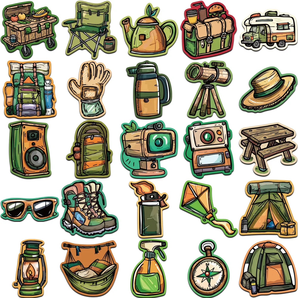 10/30/50Pcs Cartoon camping equipment Graffiti stickers For Snowboard Laptop Luggage Car Fridge DIY Styling Vinyl