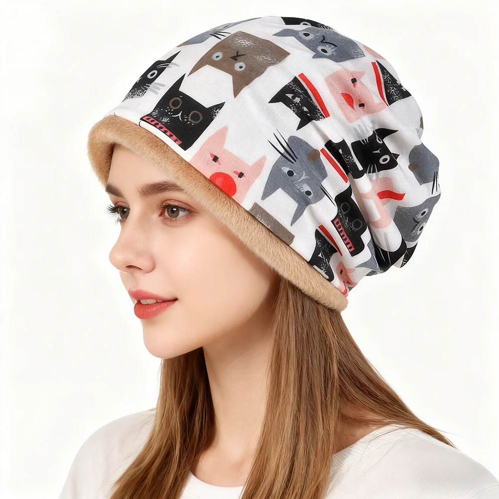 قبعة محبوكة بنمط قطة لطيفة مع عزل مخملي مزدوج الطبقة لتعزيز شكل الوجه وجعلها تبدو صغيرة ومتعددة الاستخدامات