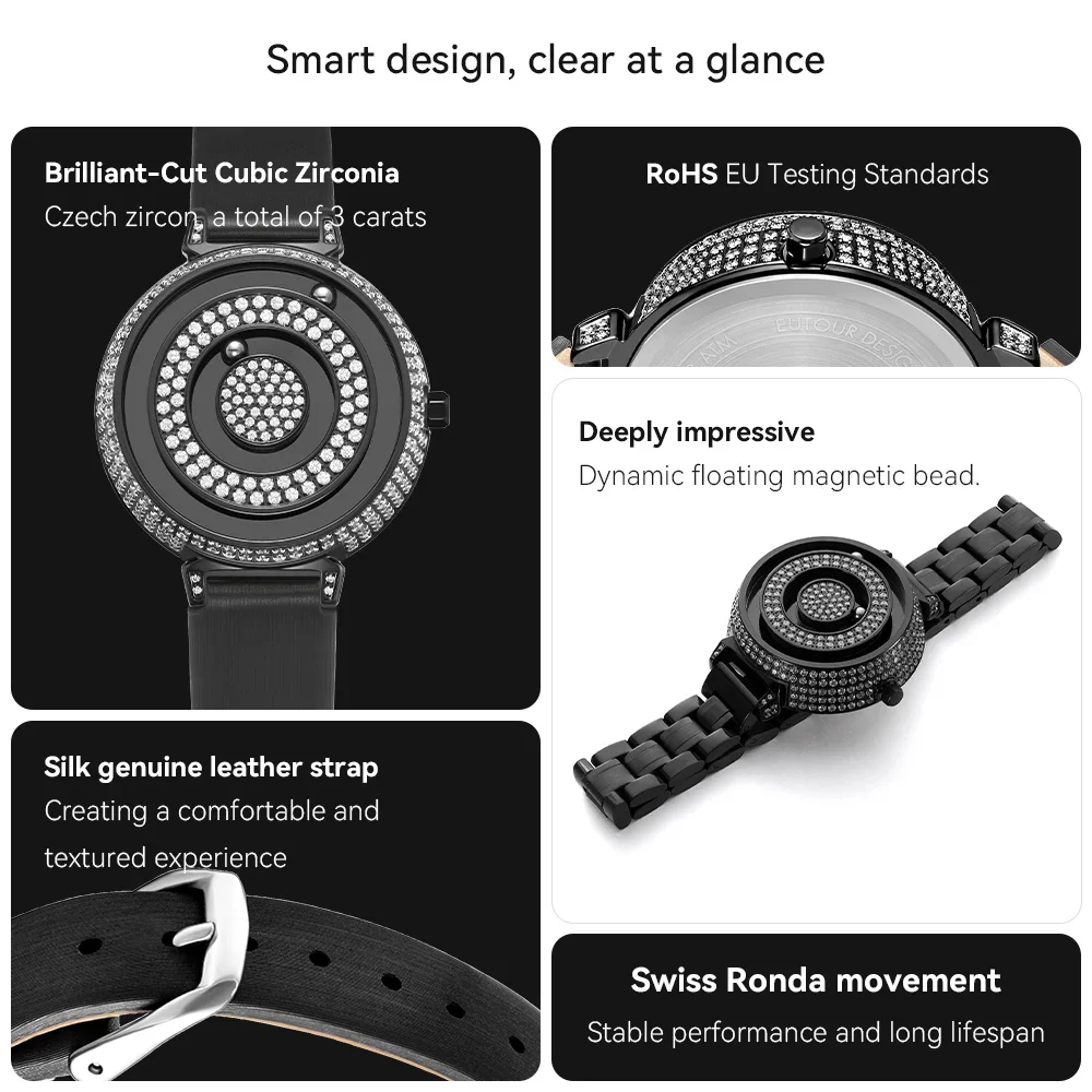 EUTOUR Women's Magnetic Diamond Watch | Waterproof Quartz | Luxury Stainless Steel Strap | Day to Night Elegance