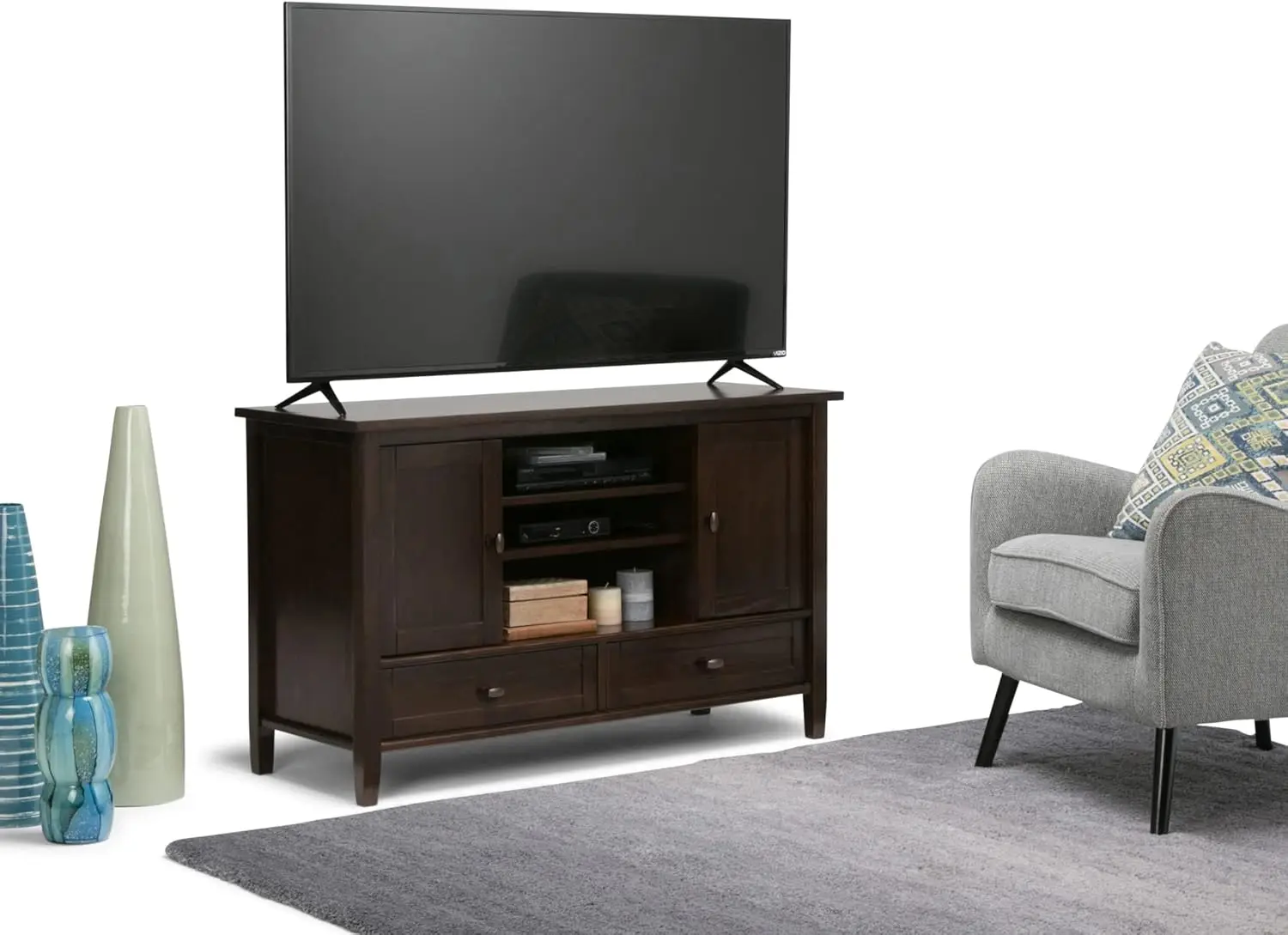 Shaker SOLID WOOD 47 Inch Wide Transitional TV Media Stand in Tobacco Brown for TVs up to 50 Inches, For the Living Room