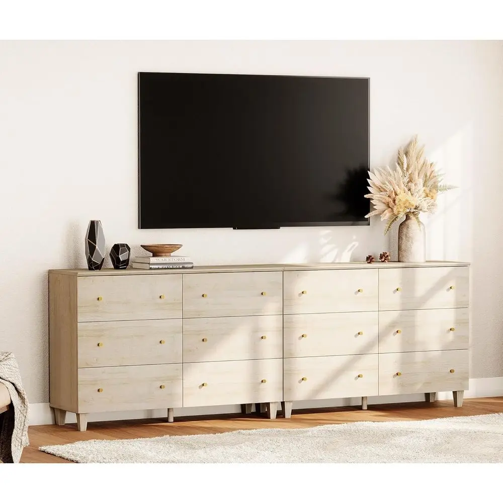 

Double Light Oak Entertainment Centers for 100 Inch TVs with 12 Shelves and Wide Storage Tables