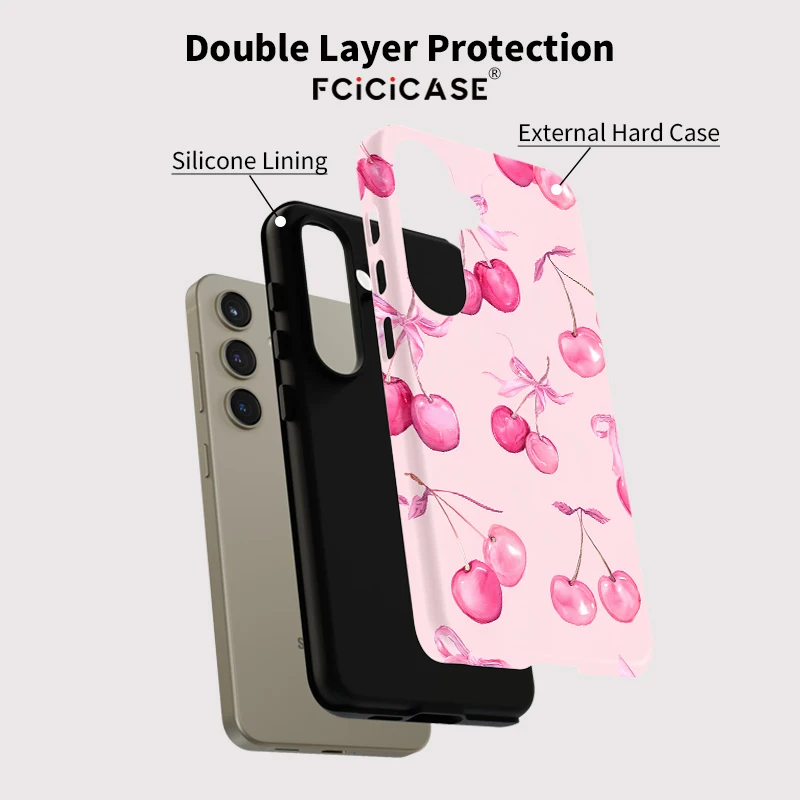 Casing Ponsel Pola Ceri Fcicicase untuk Samsung Galaxy A26 A16 A36 A56 A 56 5G Sampul Matte Lapisan Ganda Akrilik Silikon Lembut