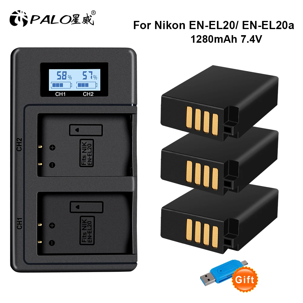 

EN-EL20A EN-EL20 Battery + LCD Dual Charger for for Nikon Coolpix P1000 P950 1 J1 J2 J3 DL24-500 Blackmagic Pocket Cinema Camera