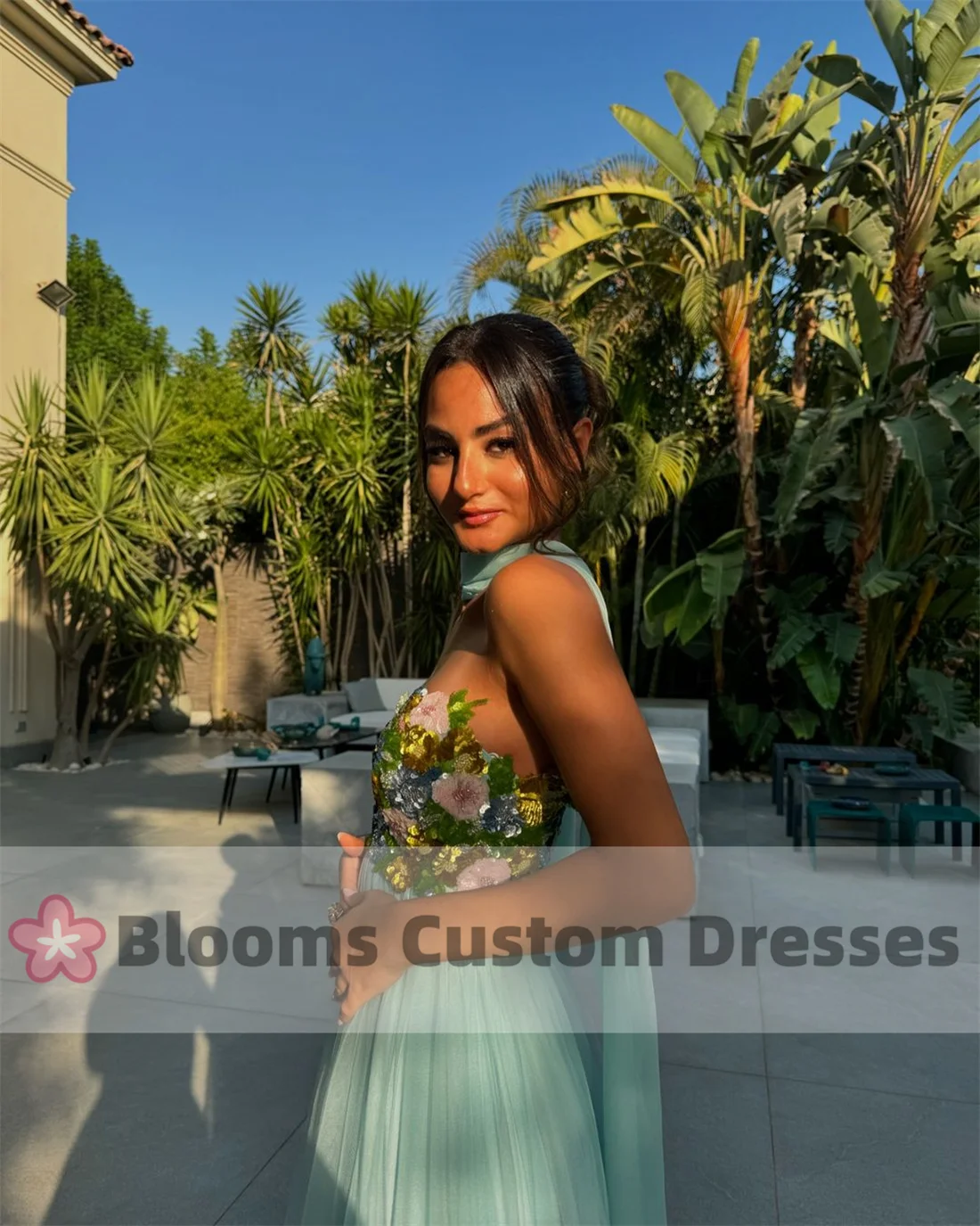 Blooms Colorful Floral Sequins Prom Dresses For Special Occasion A-Line Party Gown Cape Sleeveless Gorgeous Evening Dress