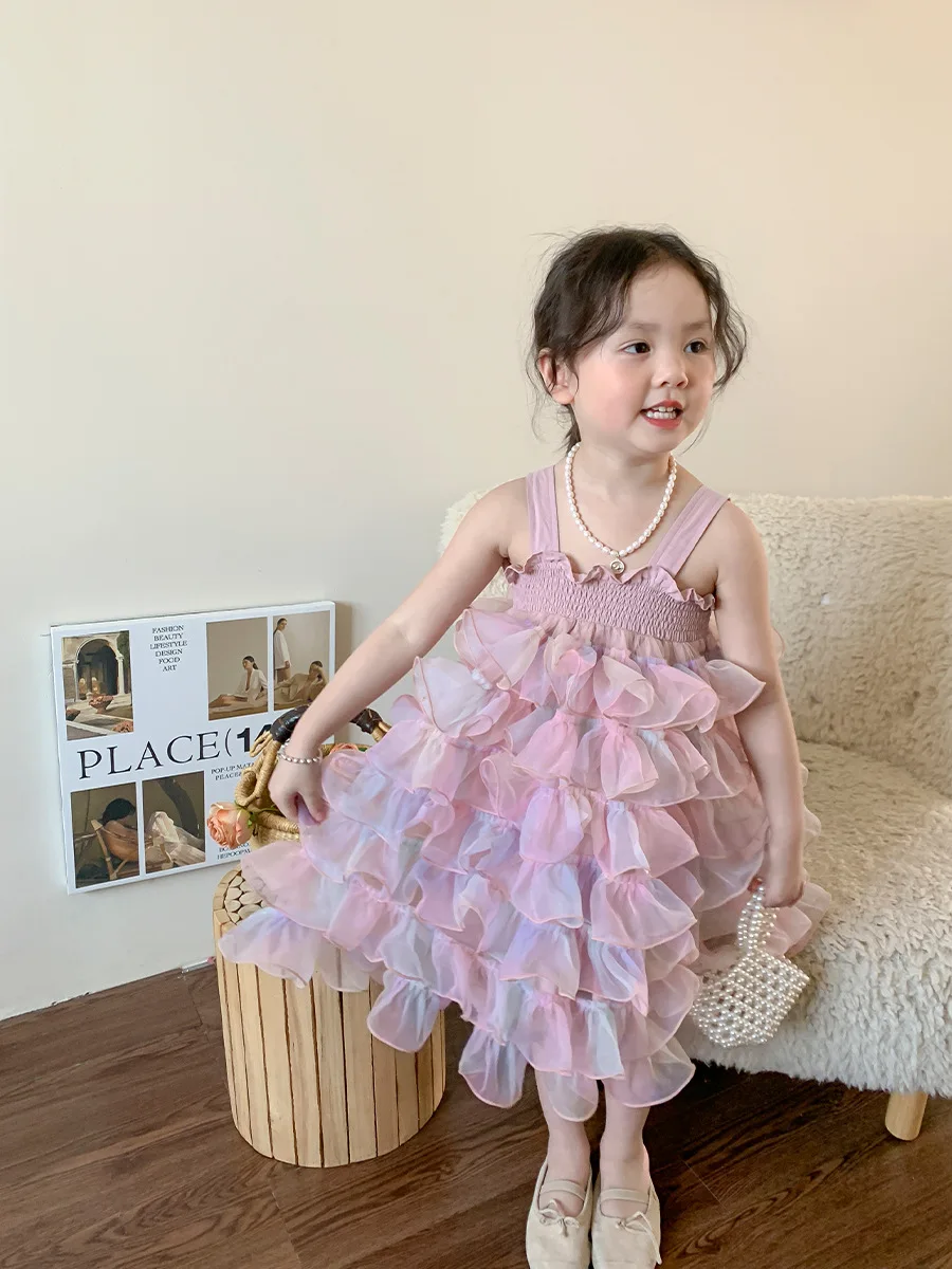 2024 Korean Summer Girls Dress Chic Style Tulle Skirt Baby Fashion Sweet Princess Infant Birthday Wedding Party Clothes Outfits