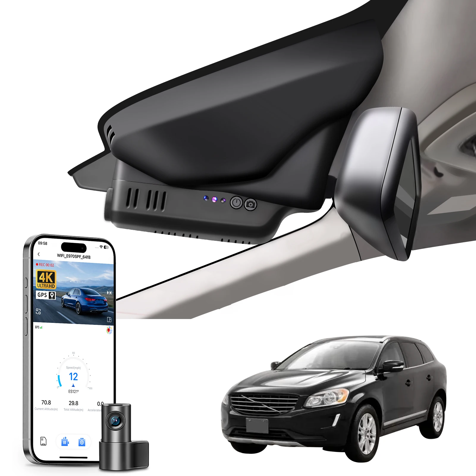 Cámara para Auto Mangoal 4K Dedicada para Volvo XC60 (2013-2026), Grabadora con GPS, WiFi y Aplicación, Visión Nocturna HD, Plug and Play