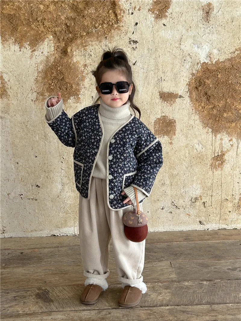 Girl Coat 2023 Winter New Korean Style Children Clothing for Girl Floral Quilted Lightweight Cotton Clothing Vintage Floral Coat