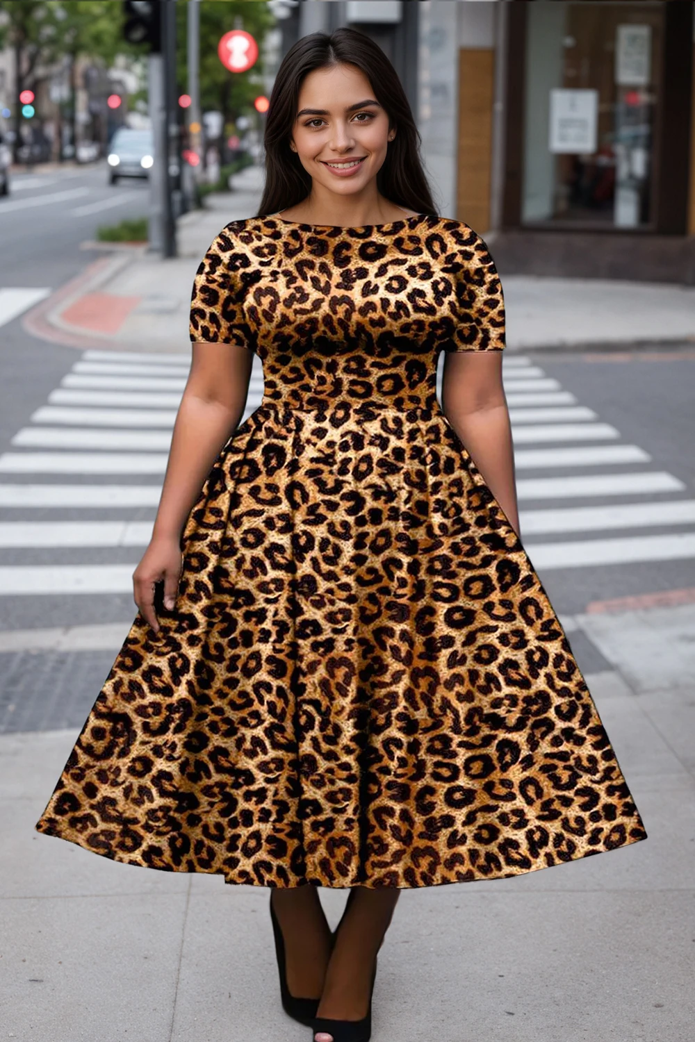 Mode Leopard Gedruckt Plus Größe Kleider Kurzarm Rundhals Vintage Afrikanische Casual Plissee A-Linie Sommer Streetwear Kleider