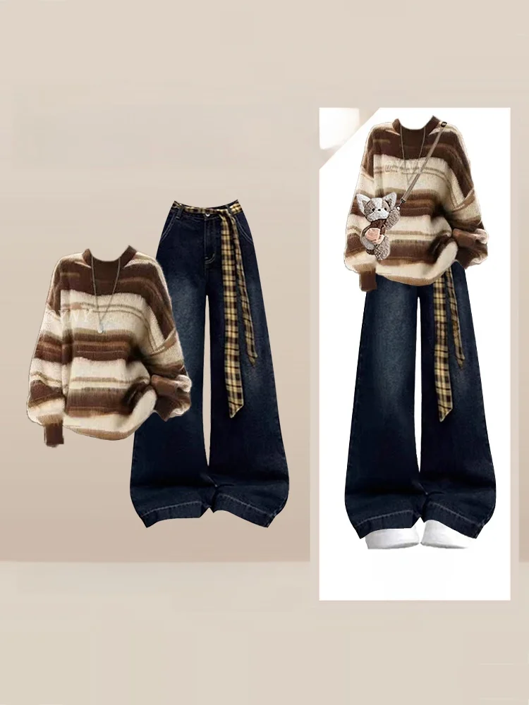 

Loose Long Sleeve Sweater And Wide Leg Jeans Set Women's Fashion Autumn Winter Vintage Style Korean Loose Feel Not Show Meat