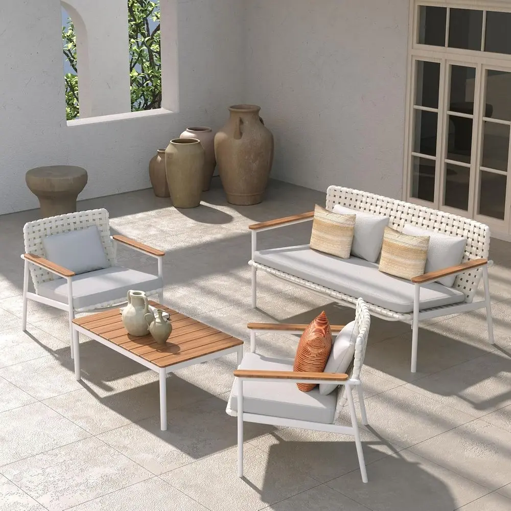 

4-Piece Oversized Patio urniture Set, Extra Wide Wicker Soa Set with E-Coated aux Wood Grain Coee Table and Water-Resistant Olei