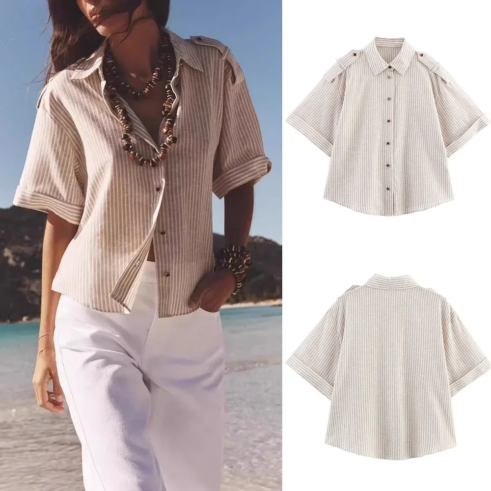 

Fangokv Summer New Women's Casual Simple Versatile Commuter Line Striped Long-sleeved Lapel Short-sleeved Shirt