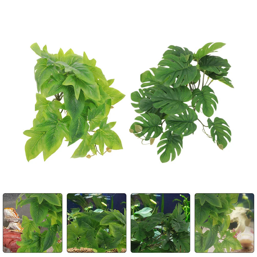 

2pcs Hanging Plant Ornament Lifelike Fake Plants For Reptile Terrarium Aquarium Decor Reptile Hideout Artificial Leaves Pendant