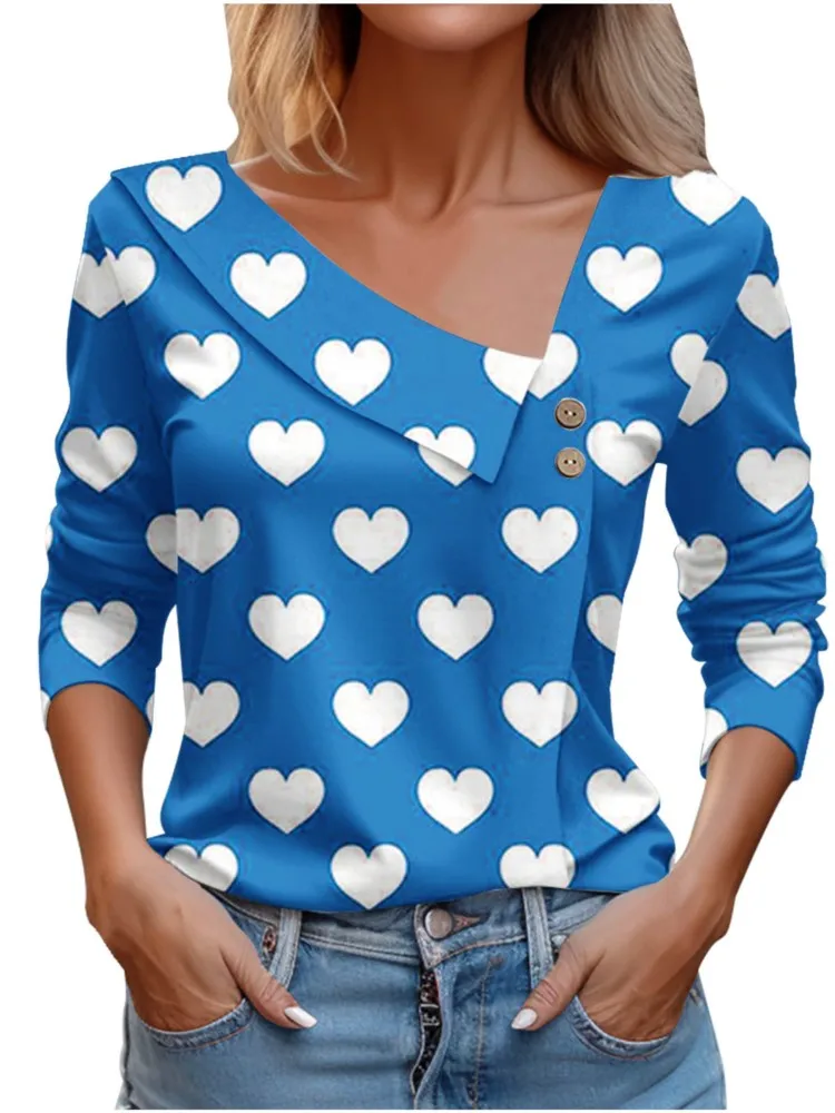 T Shirt For Women Fashion Long Sleeve Tops Heart Print Pulovers Elegant Shirts & Blouses Autumn Youthful Woman Clothes 2023