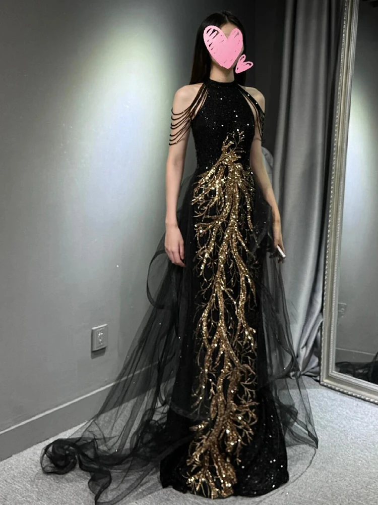 

Ele Bla Evening Gown Fi Tail Dr for Host Annual Conference Birthday Par Korean Sle Sequin mid Waist Long Dr