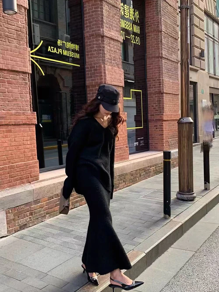 Para as mulheres inverno vintage decote em v solto quente pulôver coreano cintura alta midi saias conjunto de camisola de malha saias 2 peça conjunto