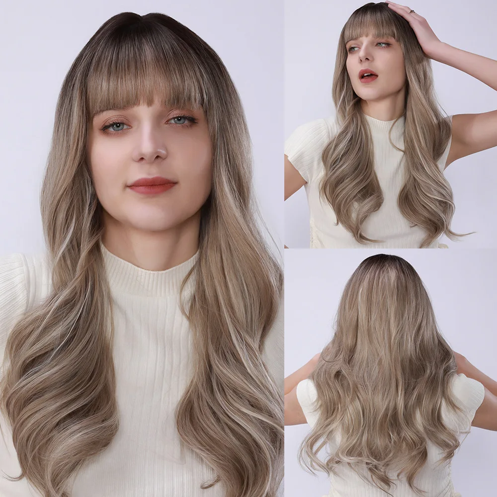 

26Inch European and American wig Qi bangs gradual change brown women long curly hair chemical fiber high temperature silk wig co