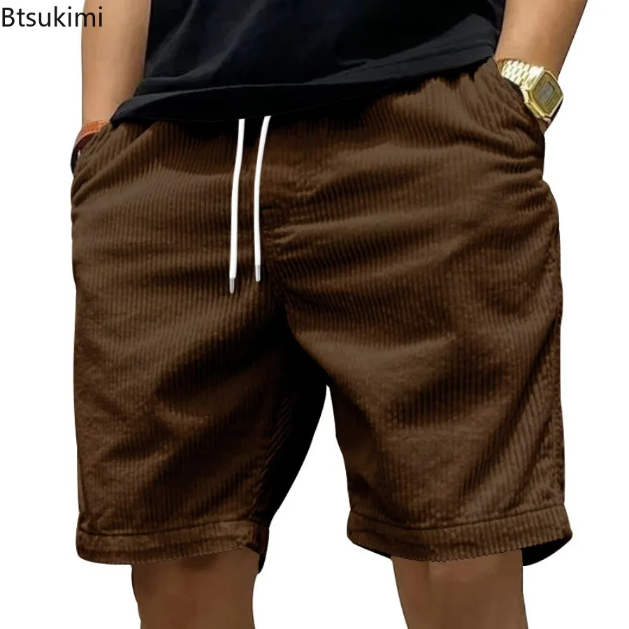 ใหม่ 2025 Mens แฟชั่น Casual Corduroy กางเกงขาสั้นสีเหลือง Apricot Beach กางเกงขาสั้น PLUS ขนาดชาย Drawstring ครึ่งกางเกงเซ็กซี่ Mens เสื้อผ้า