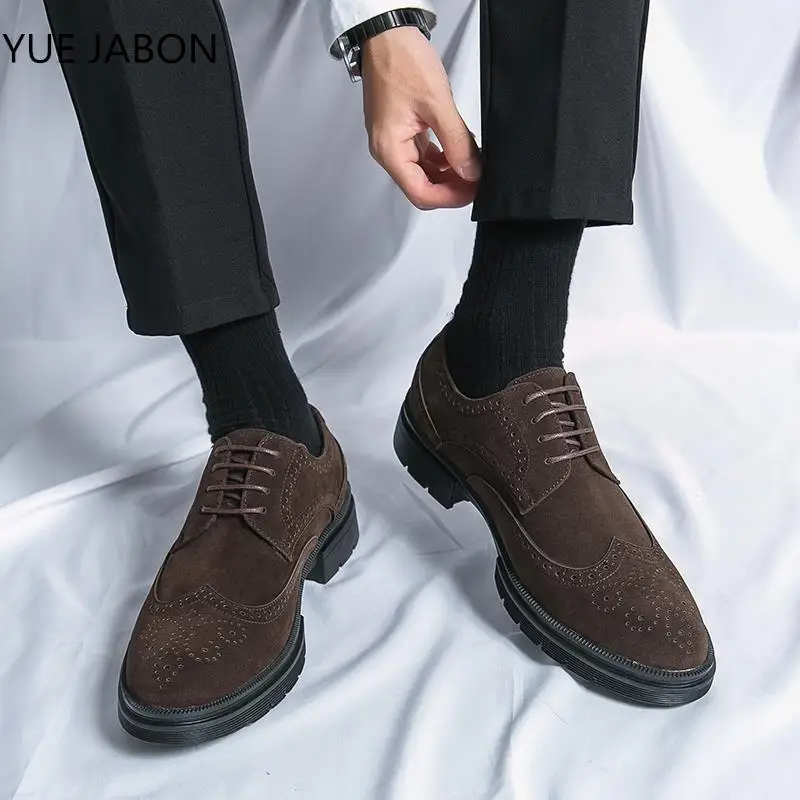 Coffee Brock Shoes Men Faux Suede Carved Business Dress Shoes with Low Heel Business Comfortable Breathable Classic Men Shoes