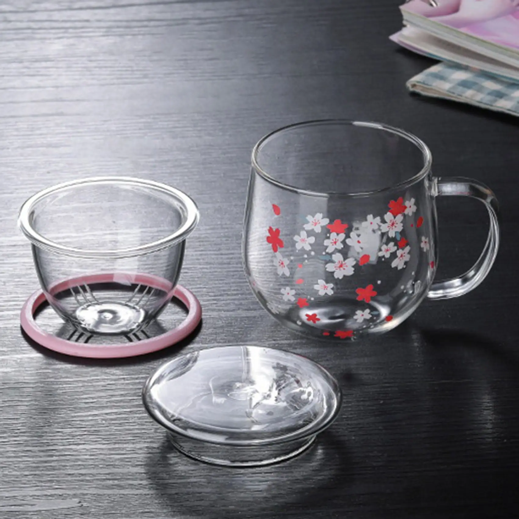 AD30- Mug Glass Mug with Tea Infuser Filter&Lid Cherry Blossoms Cup Set Blossoms Flower Teacup 300Ml Glasses Drinking