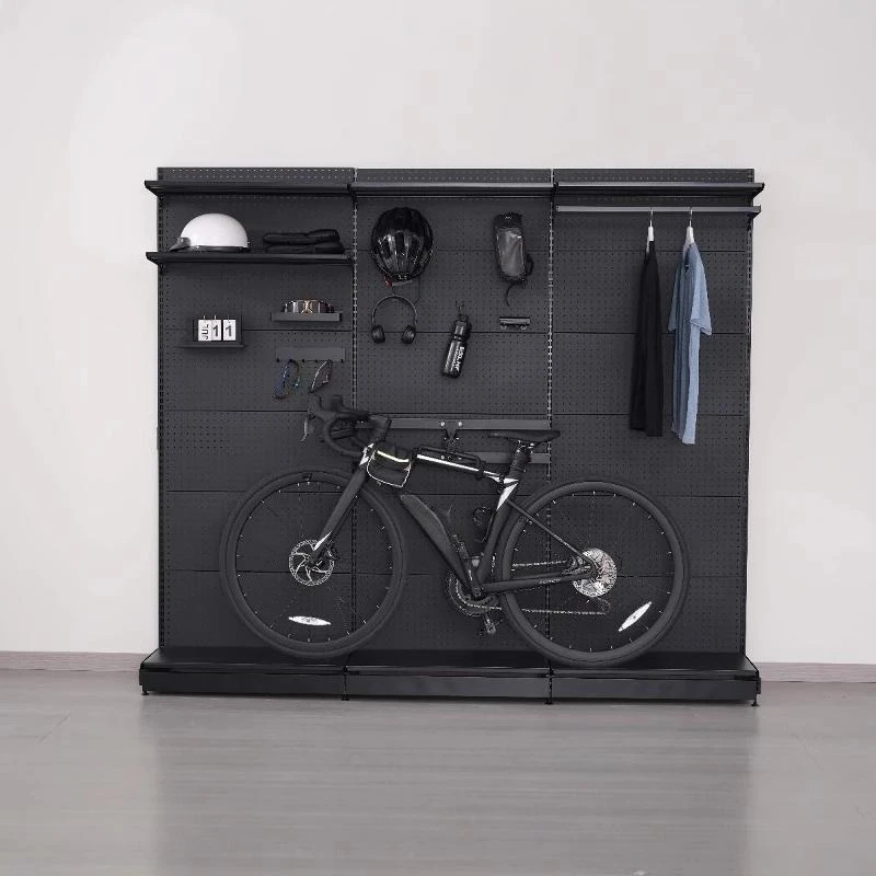 Bicycle hangers, hole board shelves, floor storage racks