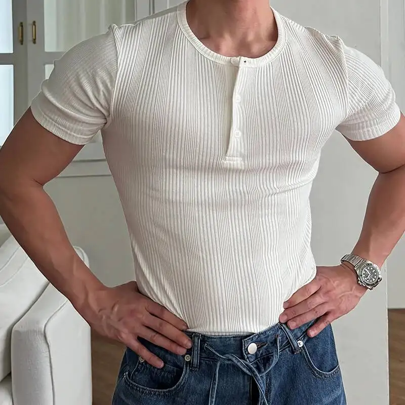 Minimalist Men's Henley Shirt Ribbed Texture Slim Fit Short Sleeve Casual Gym Workout Premium Cotton Top LAWT5