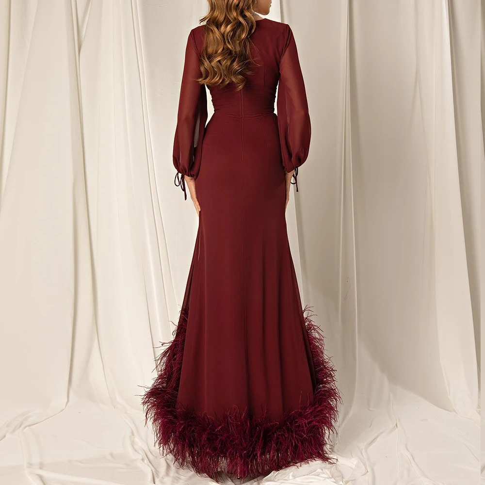 Customized Delicate Jersey A-Line Feathers Evening Dress V-Neck Floor Length Long Sleeves Photo Color Vestidos para mujer