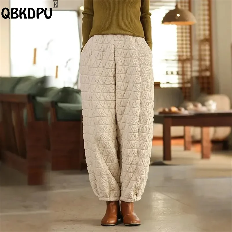 

Oversize 120kg Casual Winter Cotton Bloomers Women Vintage Warm Thick Baggy Quilted Pants Elastic Waist Joggers Harem Pantalones