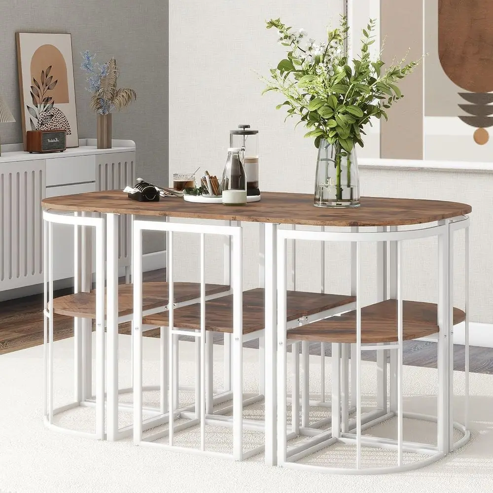 7 Piece Dining Table Set, Metal Kitchen Dining Table Set with Chairs or 6 Persons or Small Space, White Cherry