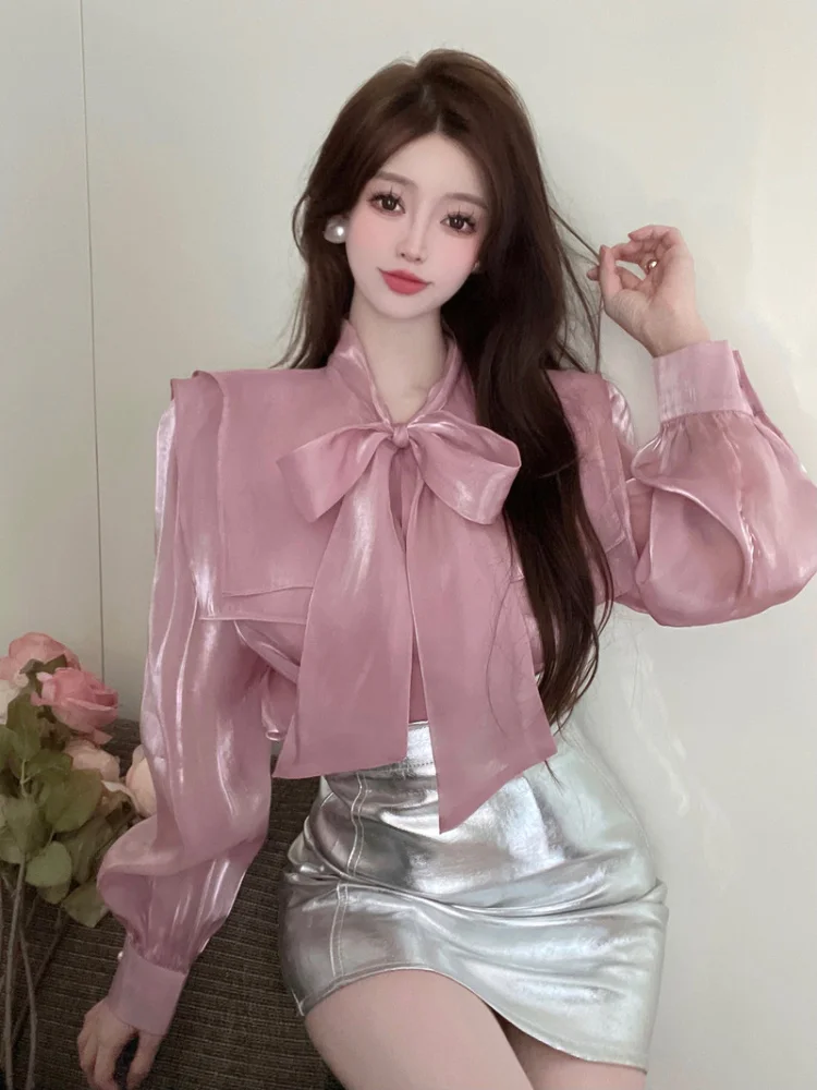 Vintage Blouse for Women Temperament Ladies Tops Bandage Bow Puff Sleeve Loose White Blouses Shirts 2024 Blusas Mujer De Moda