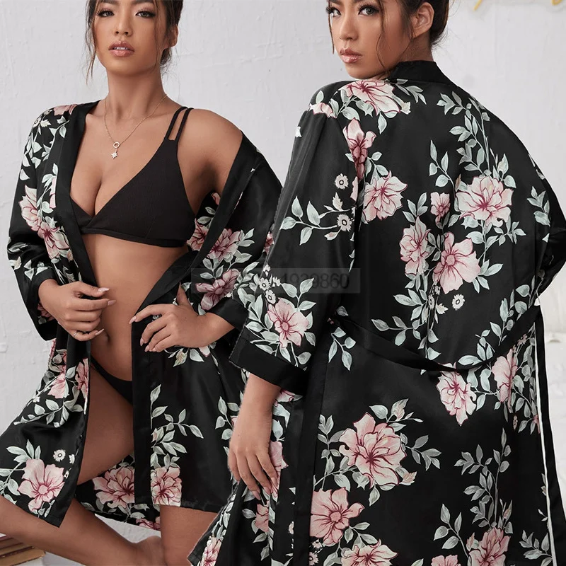 Large Size 3XL-5XL Sleepdress Print Crane Kimono Robe Gown Women Nightgown With Belt Bathrobe Sexy Oversized Nightwear Lingerie