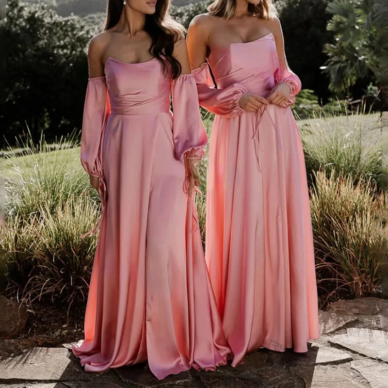 

Detachable Half Sleeves Backless Side Slit Floor Length Formal Gowns Elegant Strapless Bridesmaid Dress Off Shoulder Vestidos