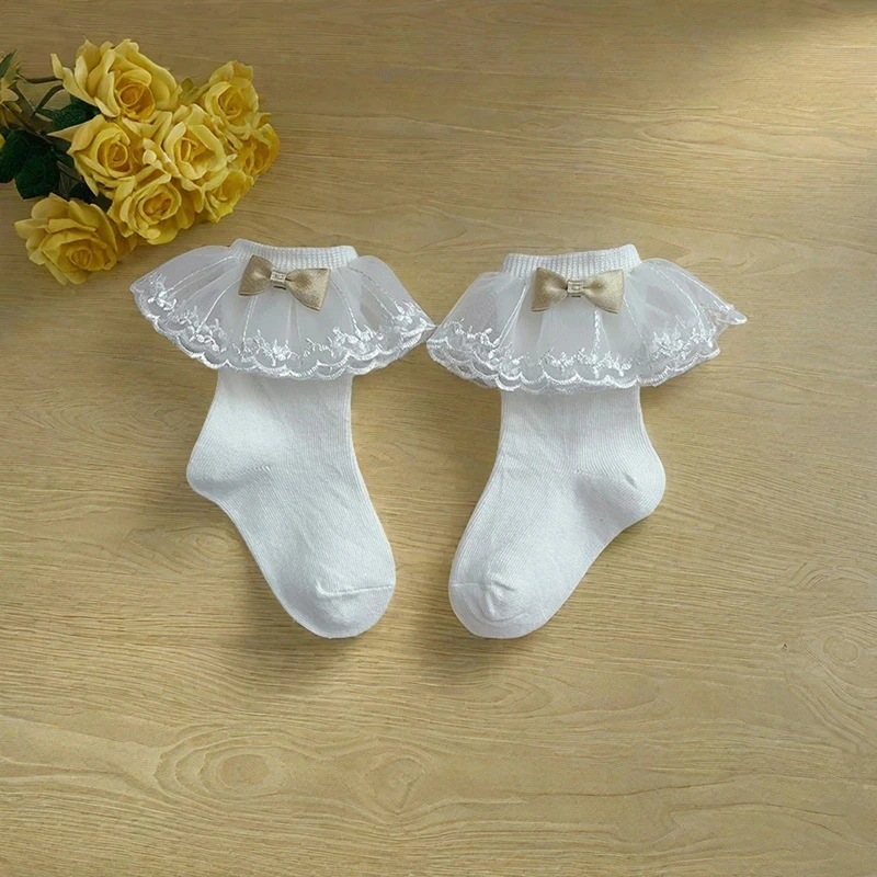 Kaus kaki anak perempuan, aksesoris pakaian balita, kaus kaki kru anak perempuan, Gaun pita lucu, kaus kaki jalan dengan Kerut jaring