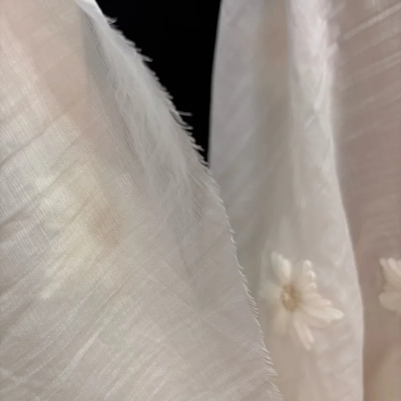 Micro Pleated Embroidered Daisy Chiffon Fabric Handmade DIY Wedding Dress High End Designer Dress Summer Clothing Fabric