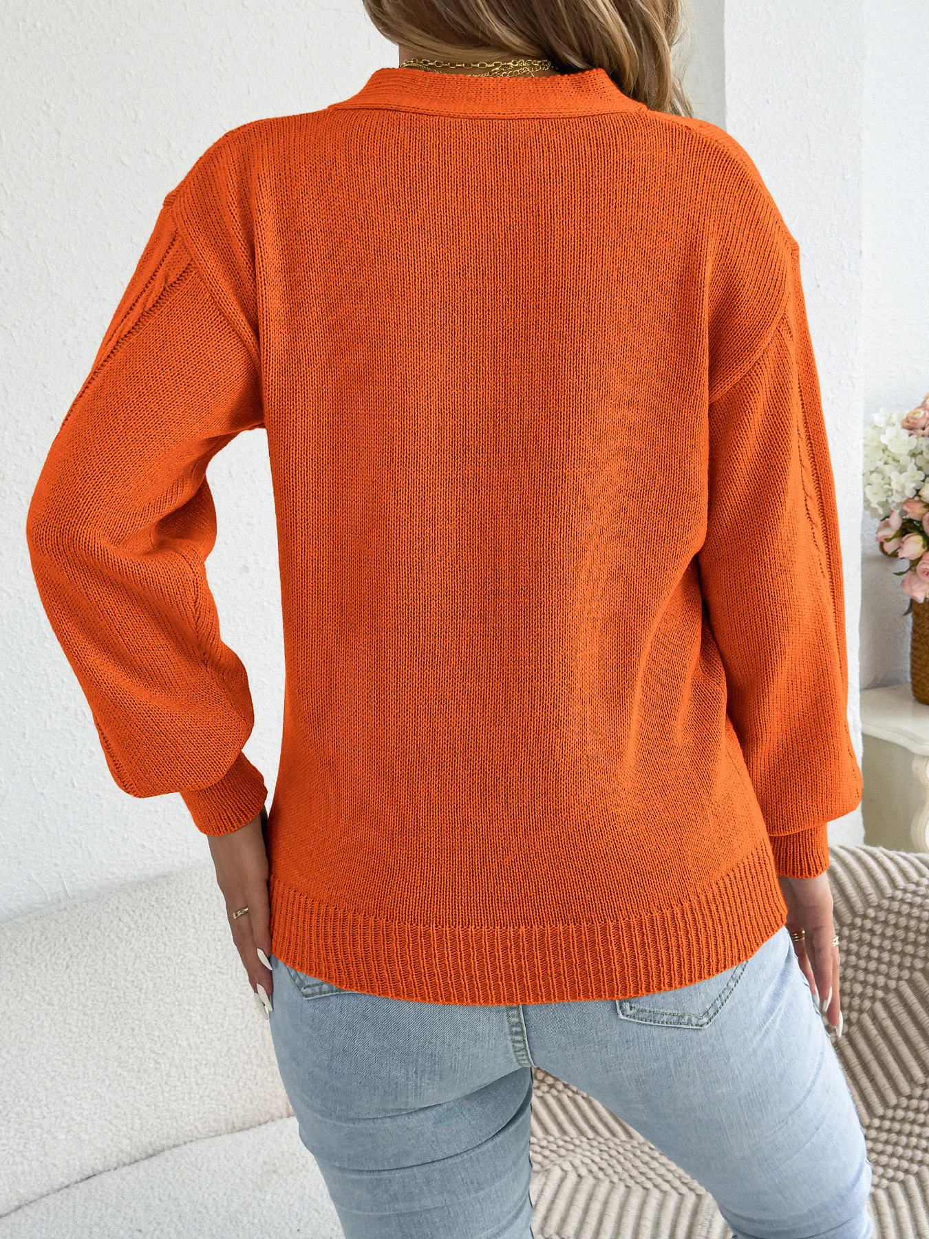 Pull tricoté torsadé ajouré pour femme, couleur unie, col en V, lanterne, manches longues, vêtements décontractés, automne hiver 2025
