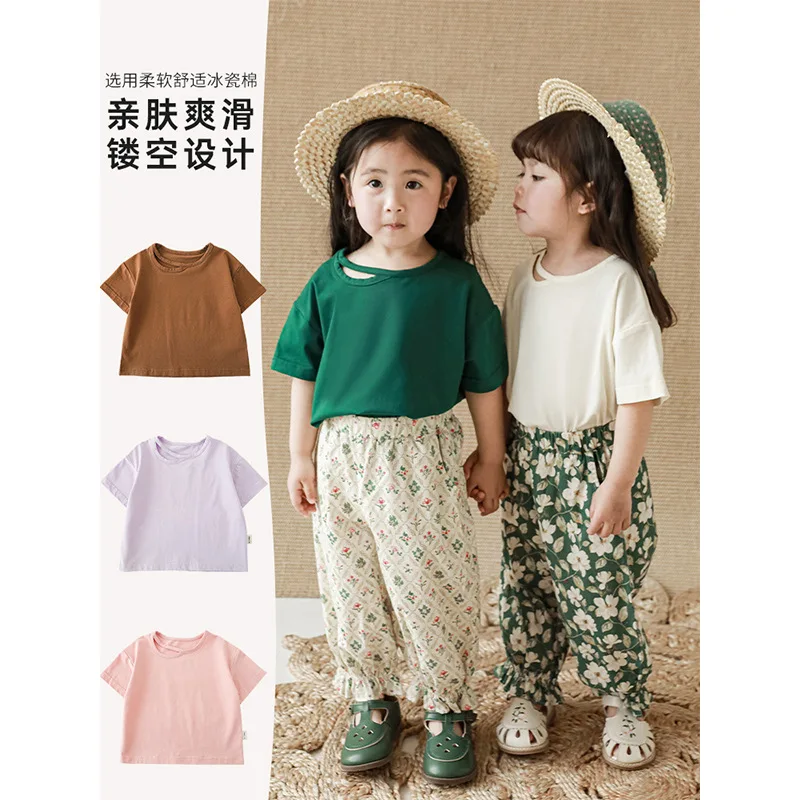 

Girls' Simple Solid Color T-shirt Thin Summer Children's Fashion Versatile Top Baby Korean Casual