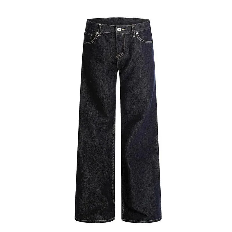 Trousers Men's Denim Solid Color Washing High Waist Drape Simple Bottom American Style Loose Wide Leg Male Jeans New E3GS