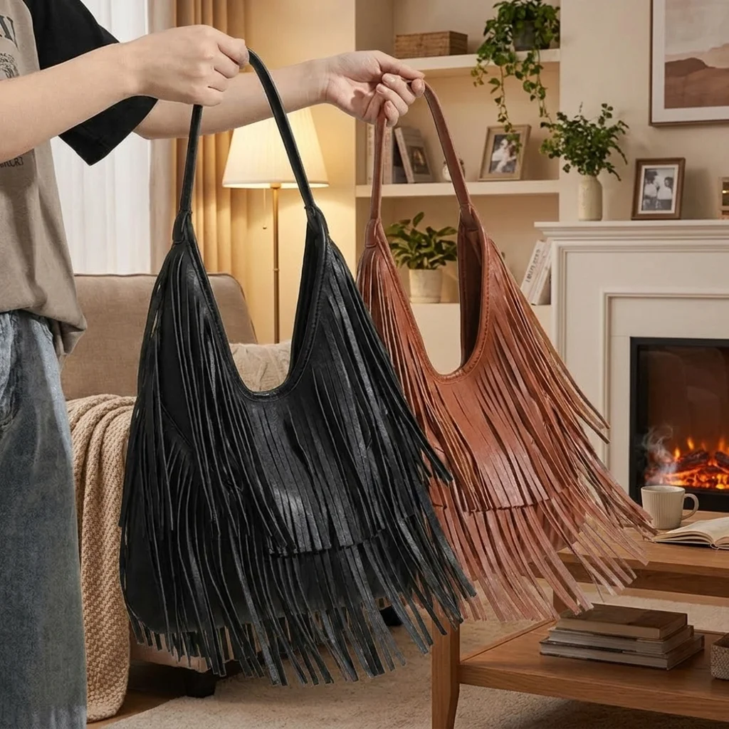 

Soft Pu Leather Long Tassels Handbag Large Capacity Black Color Shoulder Tote Bag Elegant Armpit Hobo Bags Women Casual Wear