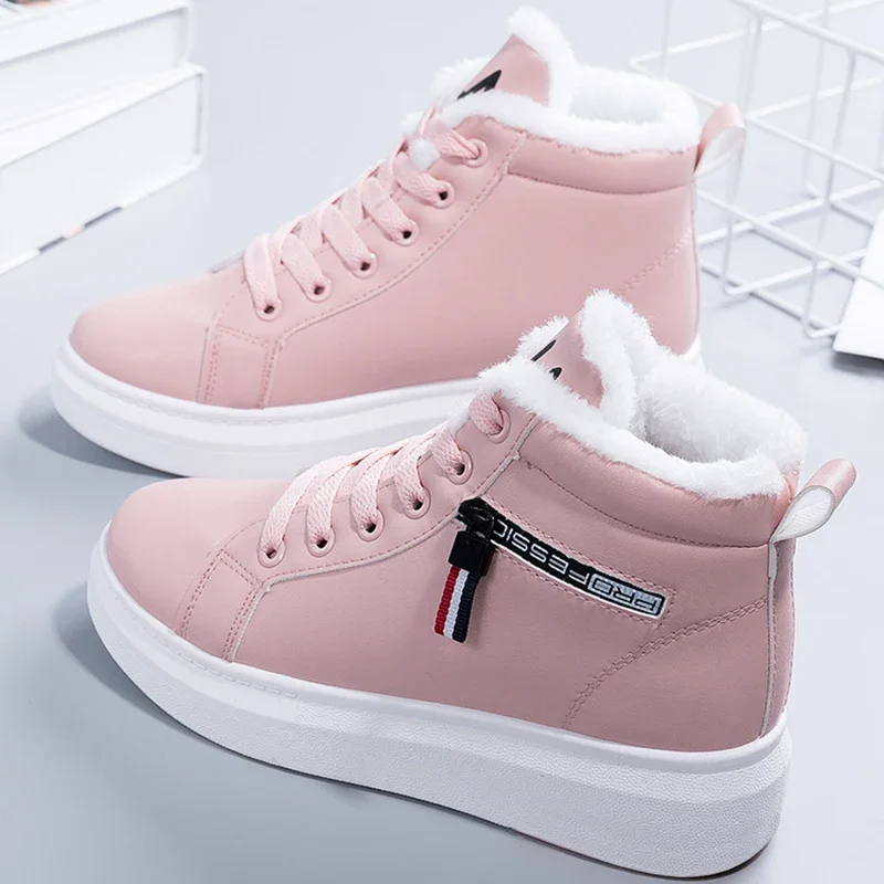 2023 Winter Boots Women Ankle Boots Warm PU Plush Winter Woman Shoes Sneakers Flats Lace Up Ladies Shoes Women Short Snow Boots