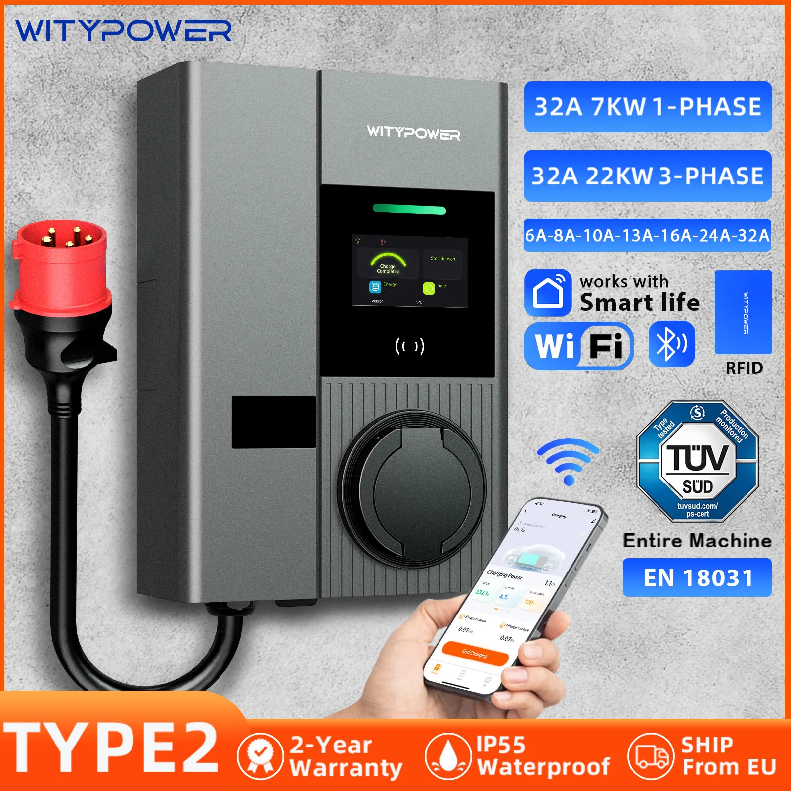 Stazione di ricarica per auto elettrica WityPower Type2 Wallbox 7KW 22KW Caricatore EV versione presa con controllo APP per veicolo Tesla BYD