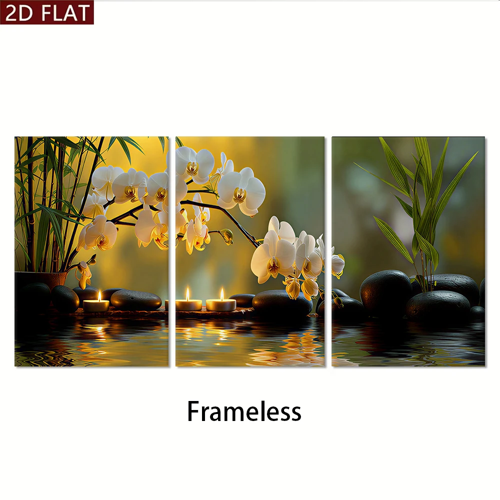 3pcs frameless Canvas Painting 1 set of triptych modern living room frameless decorative paintings, white orchids, bamboo, candl