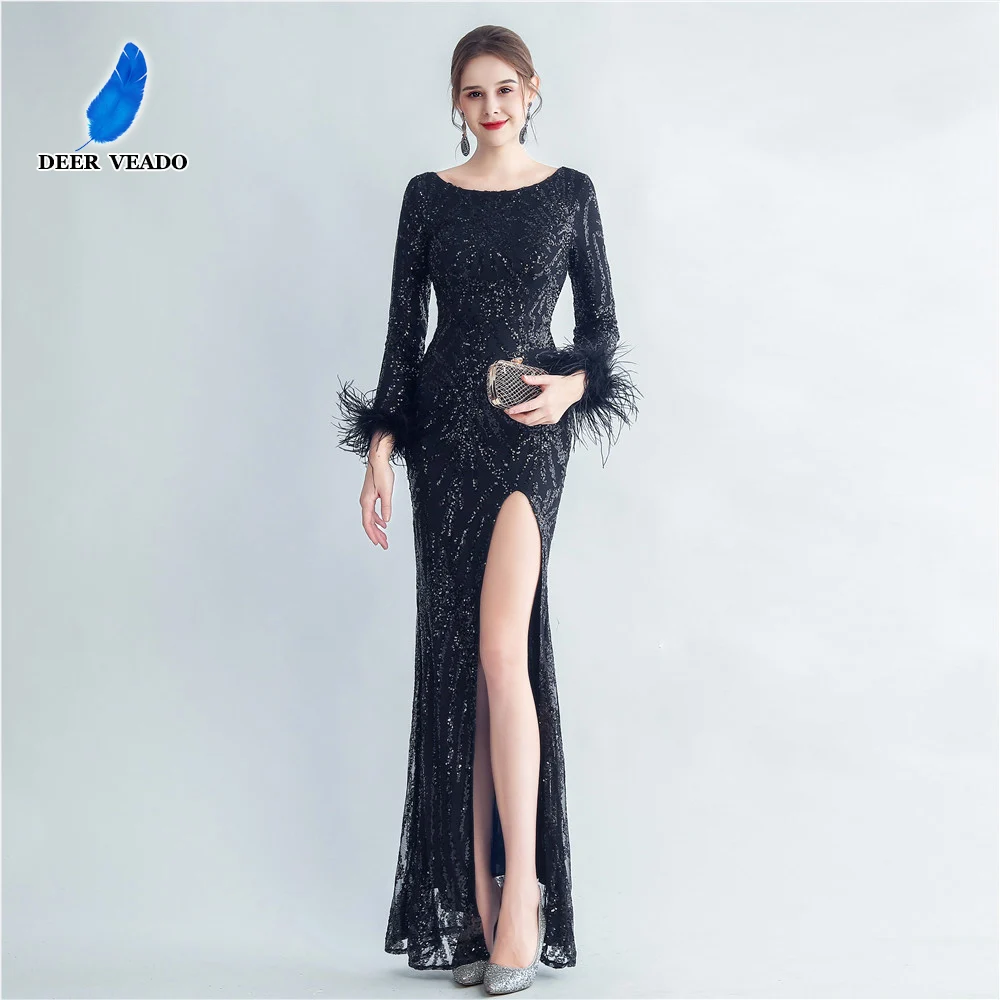 

DEERVEADO Full Sleeves Evening Dress for Woman Elegant Mermaid Slit Sequins Party Maxi Dress Formal Dress with Feathers