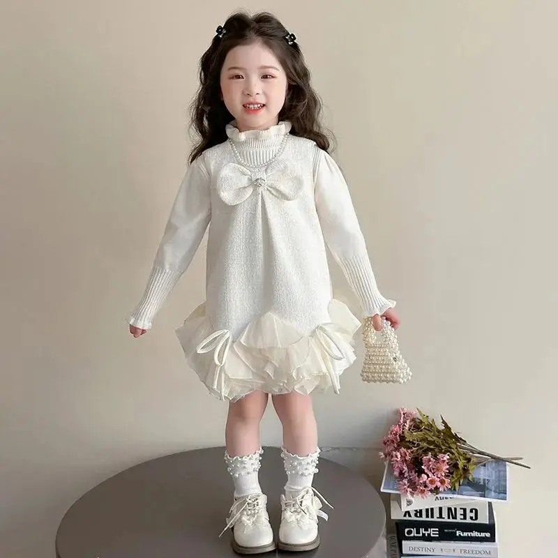 

Girls' Dress Set Spring and Autumn New Style Children's Princess Sleeveless Woole Vest Skirt+Sweater Two Piece Set 90-140cm