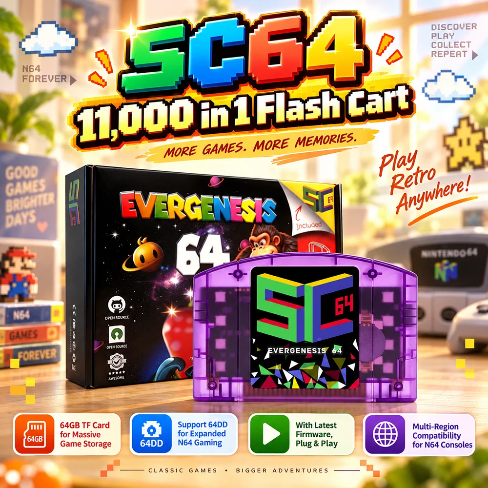 SC64 11000 in 1 Flash Cart N64 Open Source Game Card with 64GB TF Card Support 64DD Games Multi-Region for Nintendo N64 Consoles
