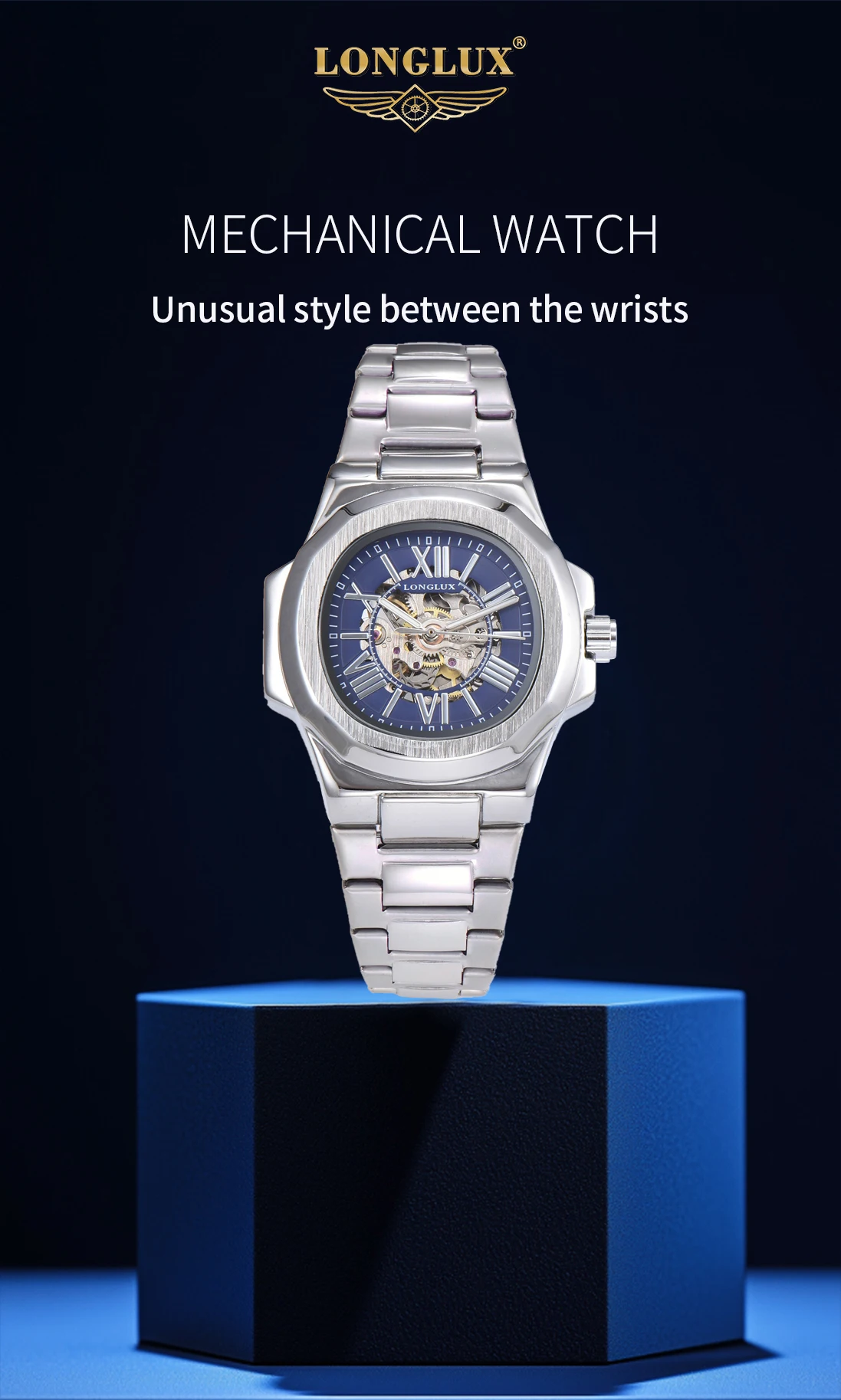 LONGLUX HOT SALE NEW Automatic Mechanical Men Watch Rome Business Waterproof Skeleton Luminous Stainless Steel Gift Watch