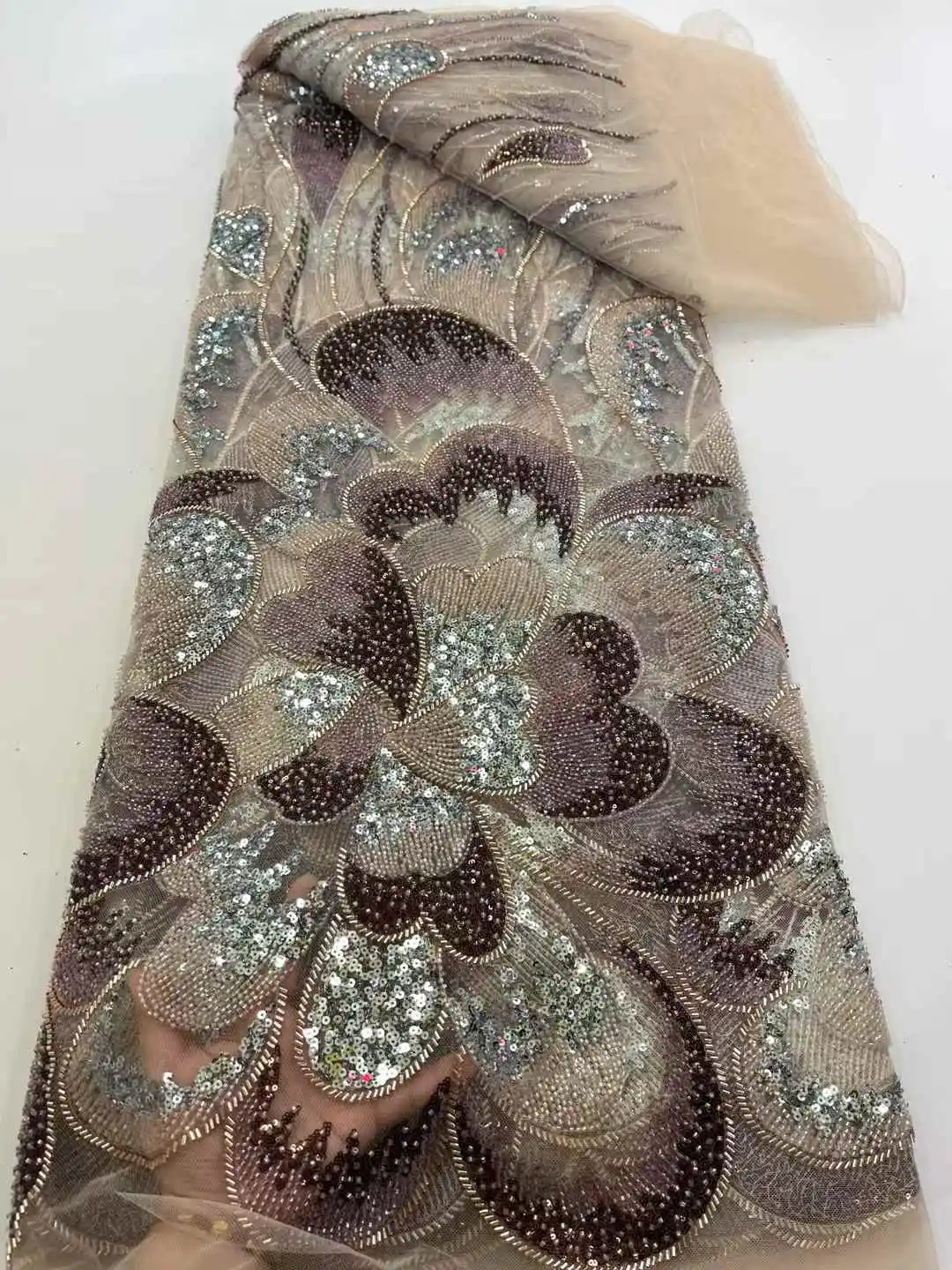 African Beads Mesh Lace Fabric With Sequins Nigerian Lace Fabric French Tulle Lace Fabric For Wedding Party Dress -XC